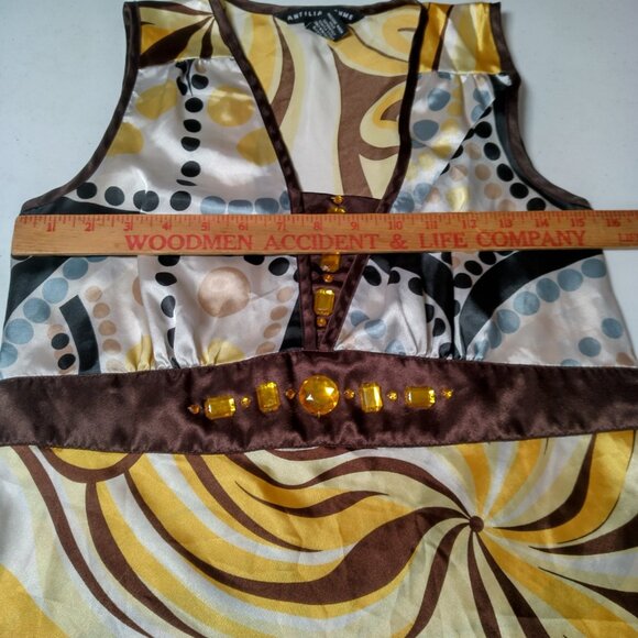 Vintage Y2K Antilia Femme Shirt Medium Sleeveless Yellow Brown Satin Bling Ties - Picture 3 of 16